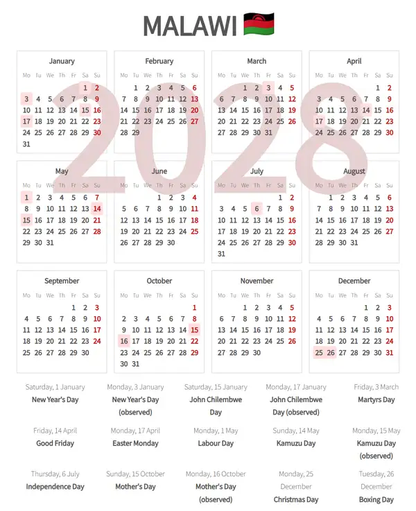Work Calendar 2028, Malawi - Public Holidays