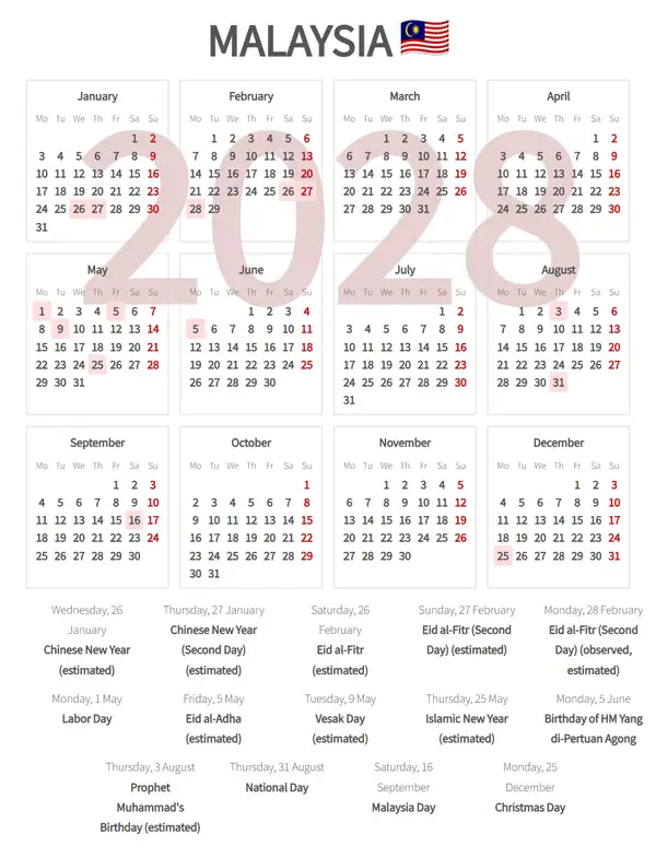 Work Calendar 2028, Malaysia - Public Holidays