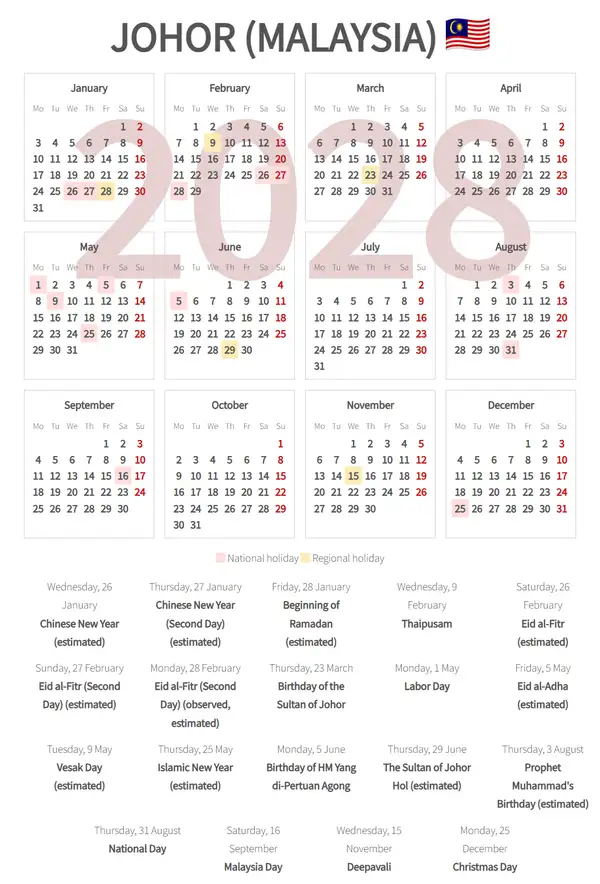 Work Calendar 2028, Johor (Malaysia)