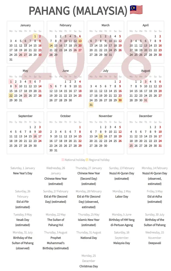 Work Calendar 2028, Pahang (Malaysia)