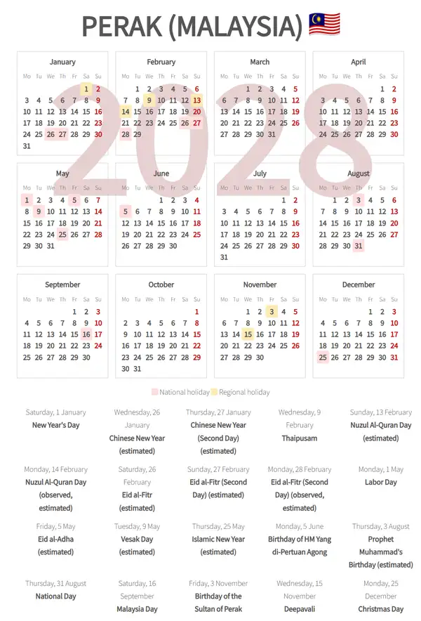 Work Calendar 2028, Perak (Malaysia)