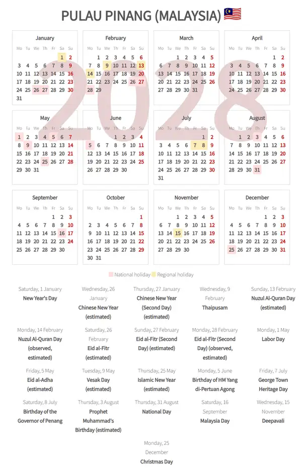 Work Calendar 2028, Pulau pinang (Malaysia)