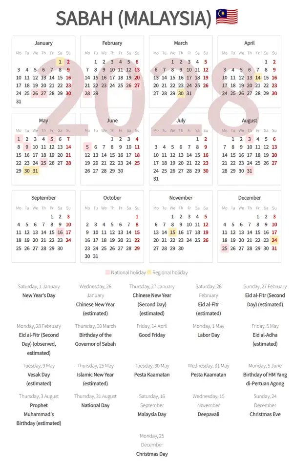 Work Calendar 2028, Sabah (Malaysia)