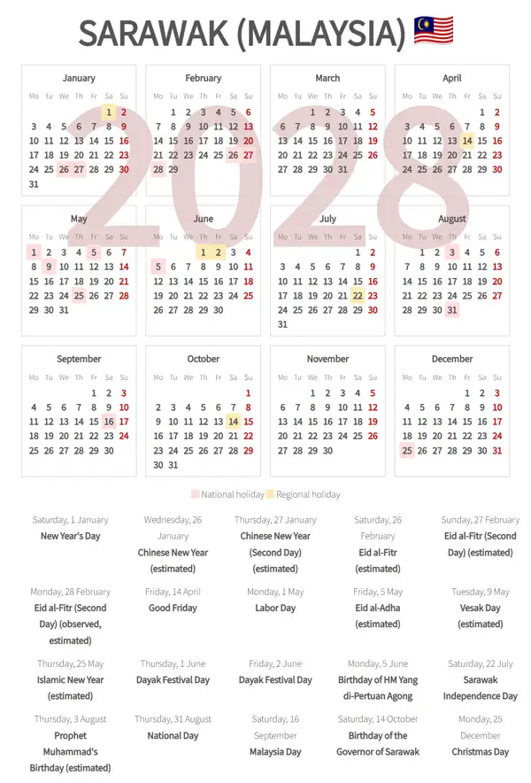 Work Calendar 2028, Sarawak (Malaysia)