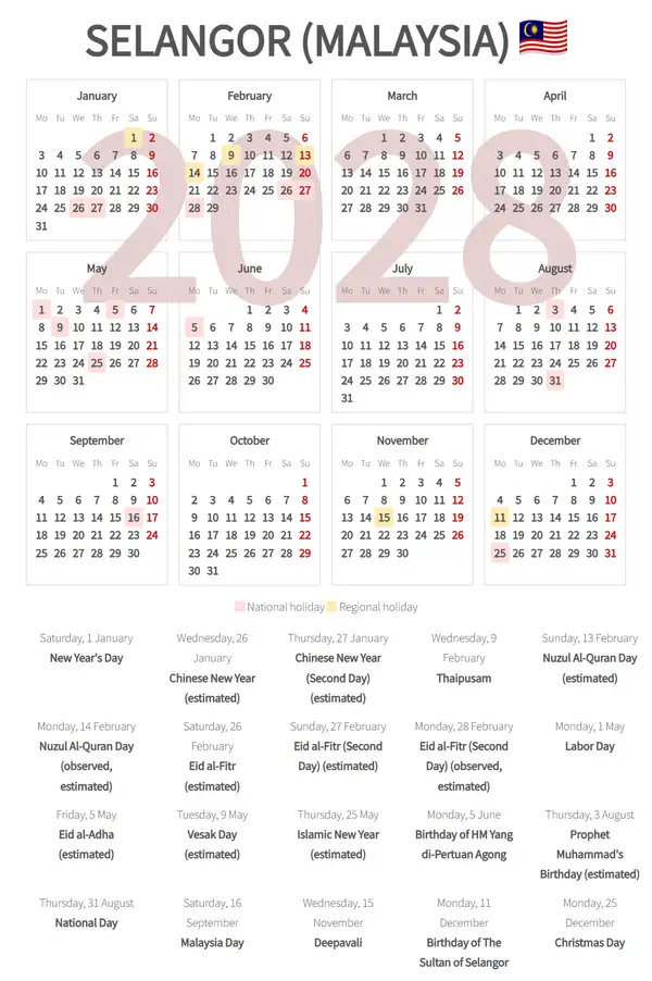 Work Calendar 2028, Selangor (Malaysia)
