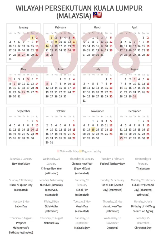 Work Calendar 2028, Wilayah persekutuan kuala lumpur (Malaysia)