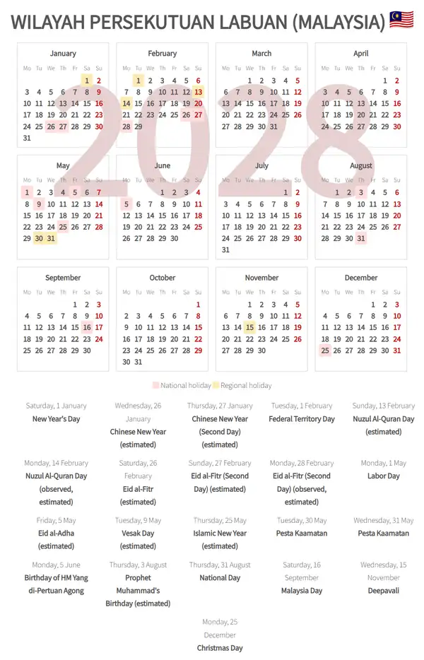 Work Calendar 2028, Wilayah persekutuan labuan (Malaysia)