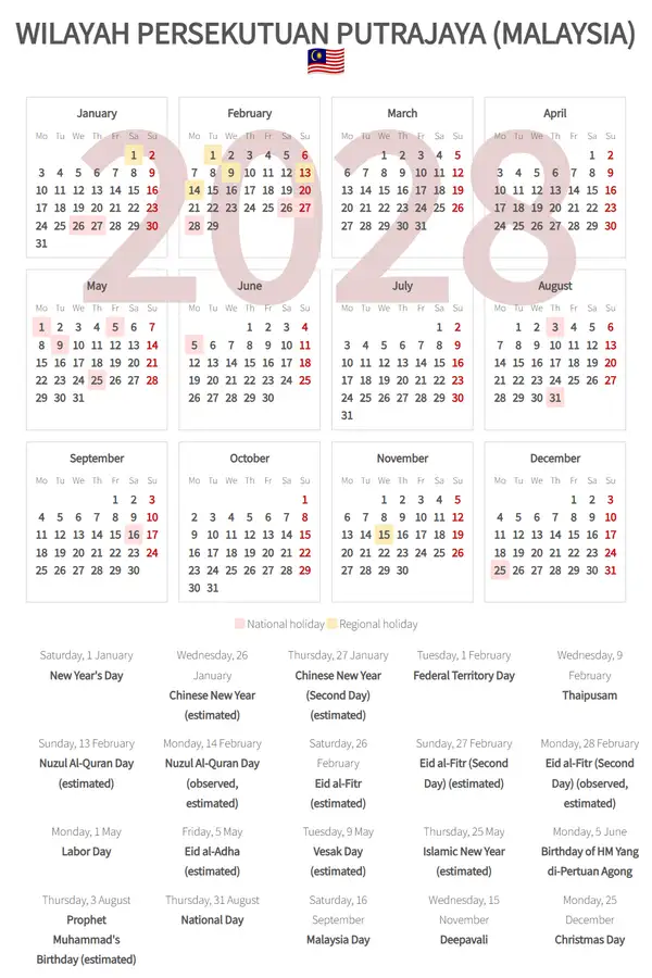 Work Calendar 2028, Wilayah persekutuan putrajaya (Malaysia)