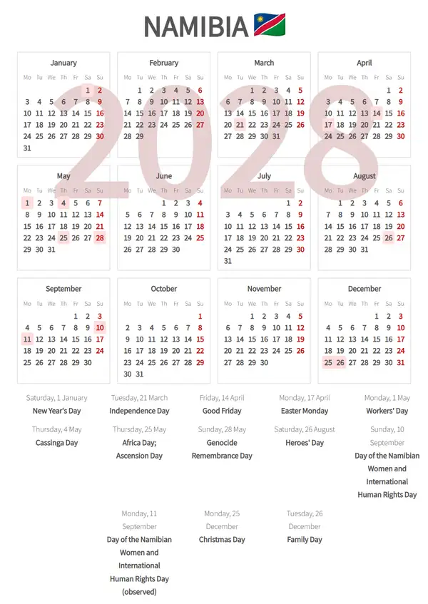 Work Calendar 2028, Namibia - Public Holidays