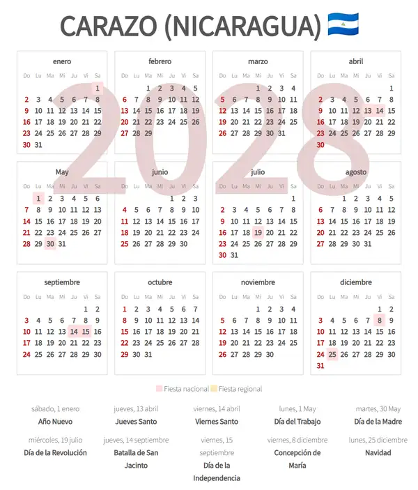 Calendario Laboral 2028, Carazo (Nicaragua)
