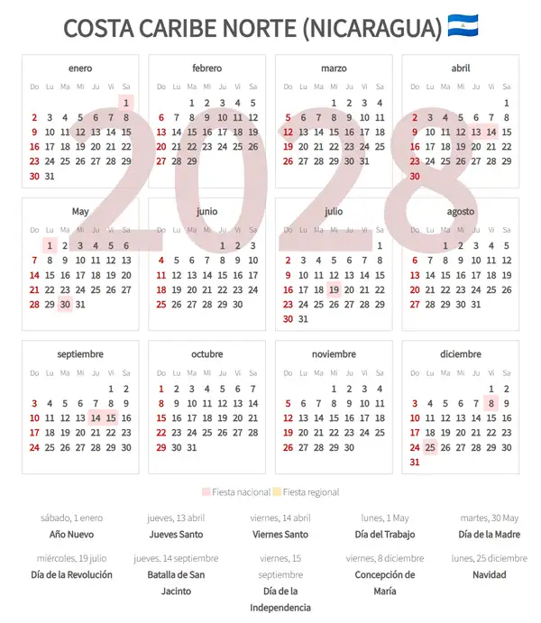 Calendario Laboral 2028, Costa caribe norte (Nicaragua)