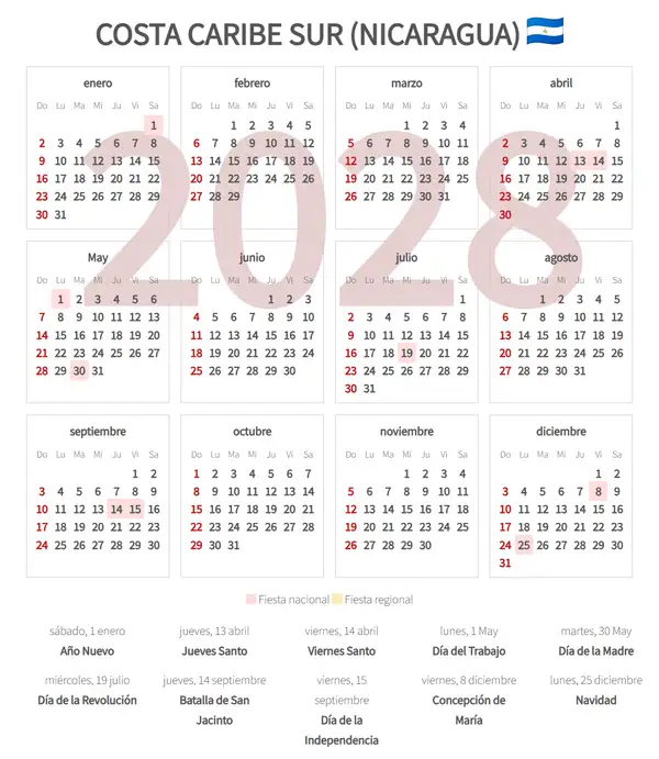 Calendario Laboral 2028, Costa caribe sur (Nicaragua)