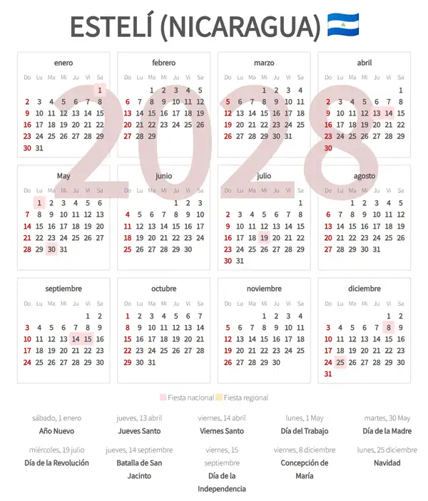 Calendario Laboral 2028, Estelí (Nicaragua)