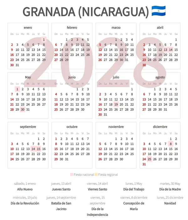 Calendario Laboral 2028, Granada (Nicaragua)