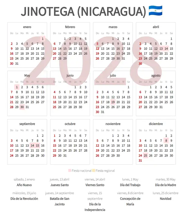 Calendario Laboral 2028, Jinotega (Nicaragua)