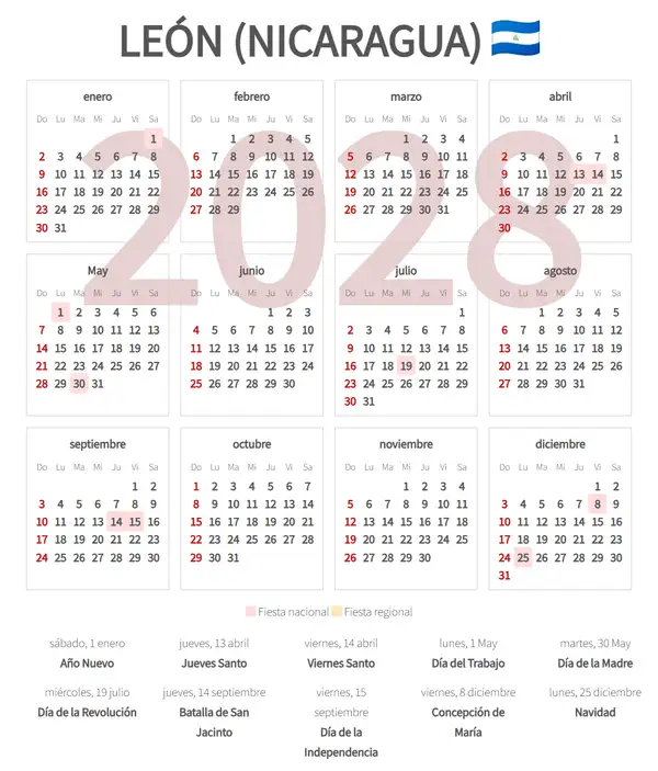 Calendario Laboral 2028, León (Nicaragua)