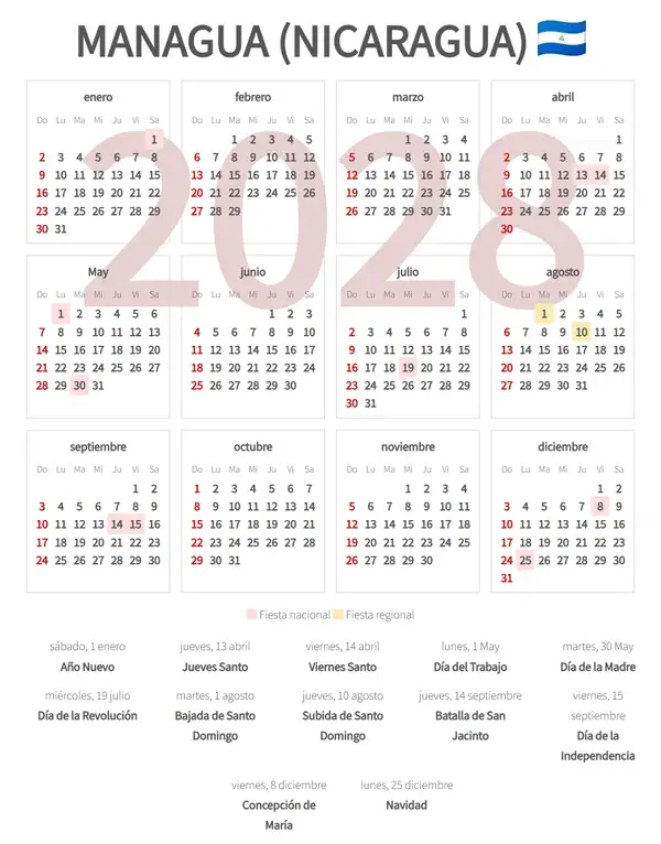 Calendario Laboral 2028, Managua (Nicaragua)