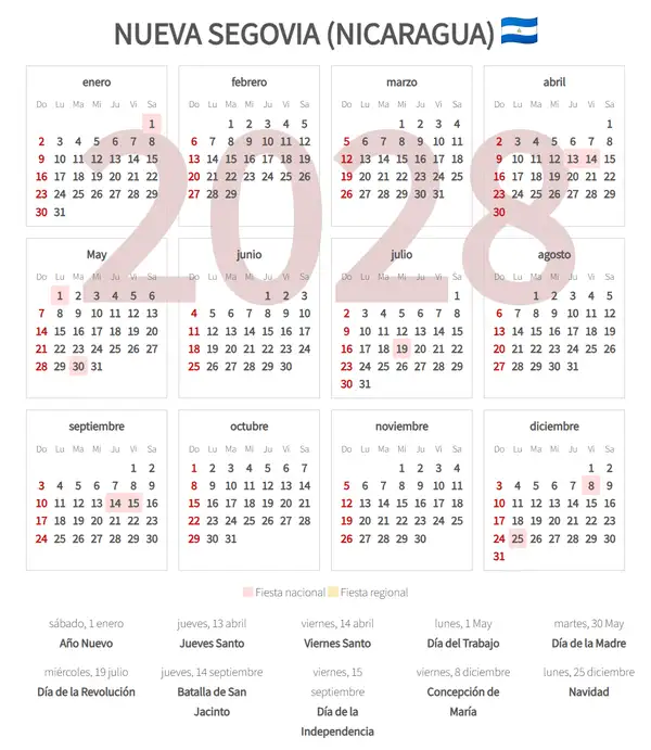 Calendario Laboral 2028, Nueva segovia (Nicaragua)
