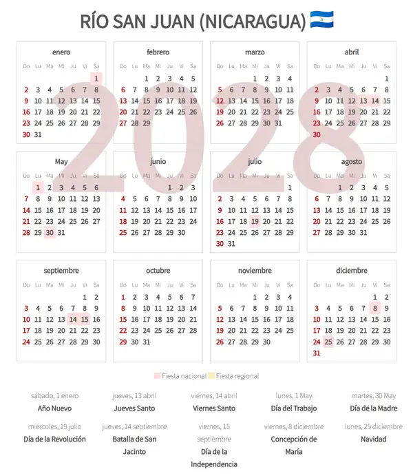 Calendario Laboral 2028, Río san juan (Nicaragua)