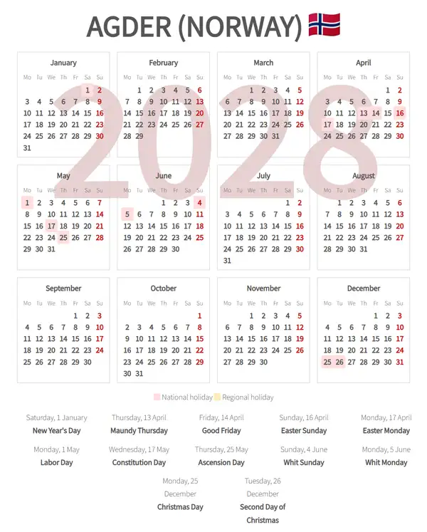 Work Calendar 2028, Agder (Norway)