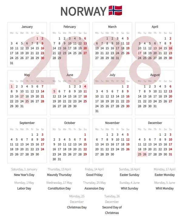 Work Calendar 2028, Norway - Public Holidays