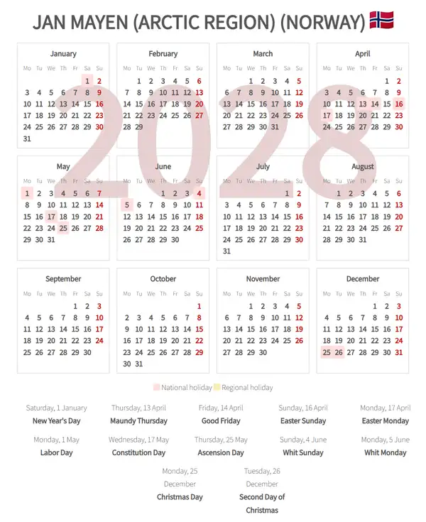 Work Calendar 2028, Jan mayen (arctic region) (Norway)