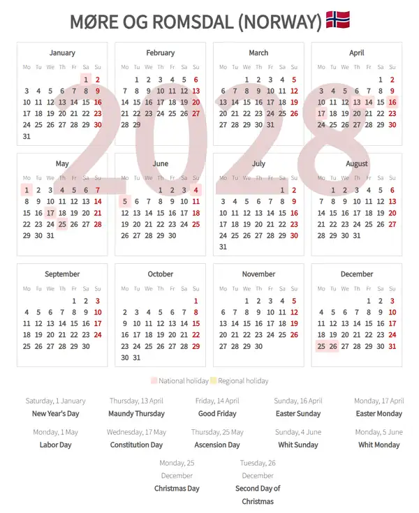 Work Calendar 2028, Møre og romsdal (Norway)