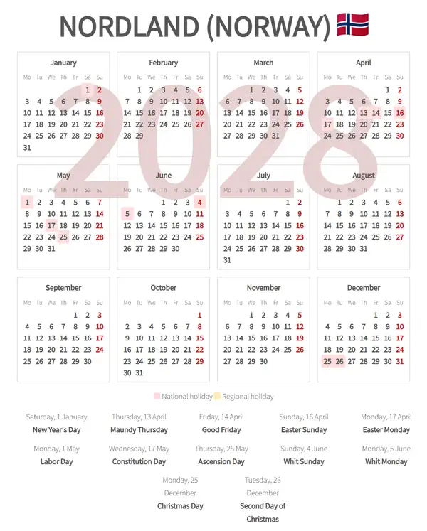 Work Calendar 2028, Nordland (Norway)