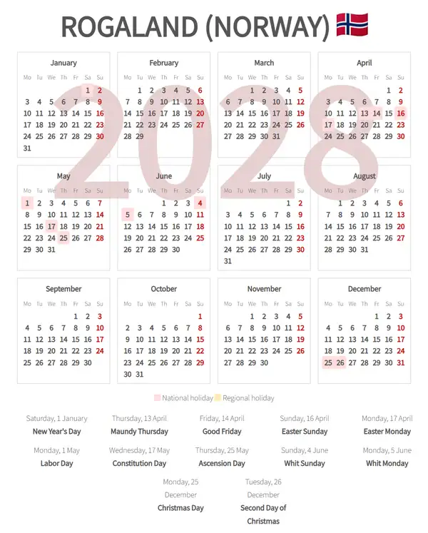 Work Calendar 2028, Rogaland (Norway)