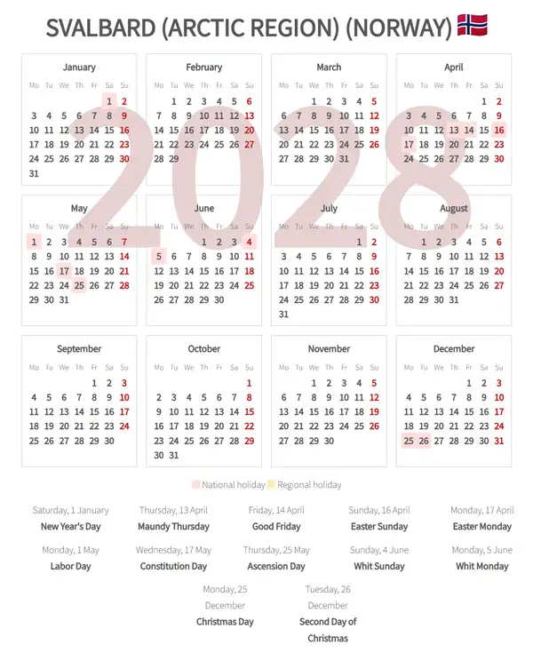 Work Calendar 2028, Svalbard (arctic region) (Norway)