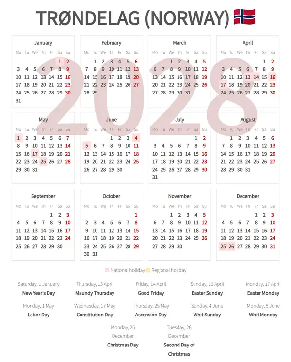 Work Calendar 2028, Trøndelag (Norway)