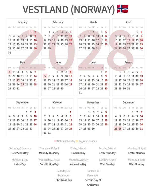 Work Calendar 2028, Vestland (Norway)