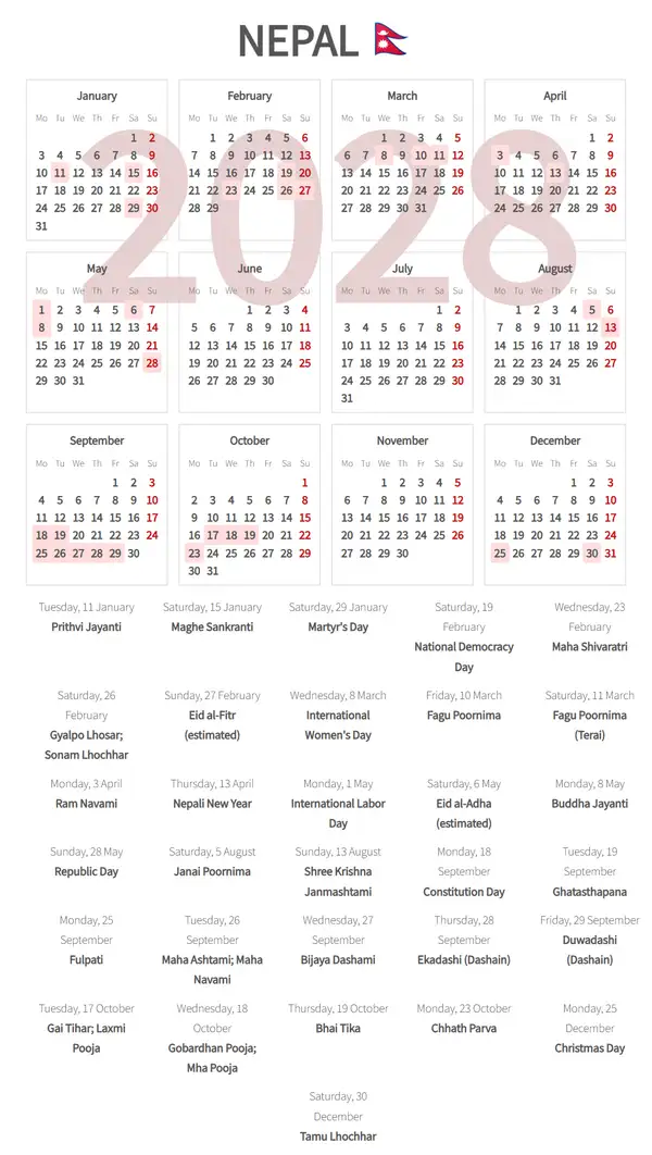 Work Calendar 2028, Nepal - Public Holidays