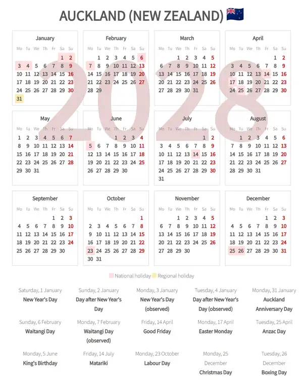 Work Calendar 2028, Auckland (New zealand)