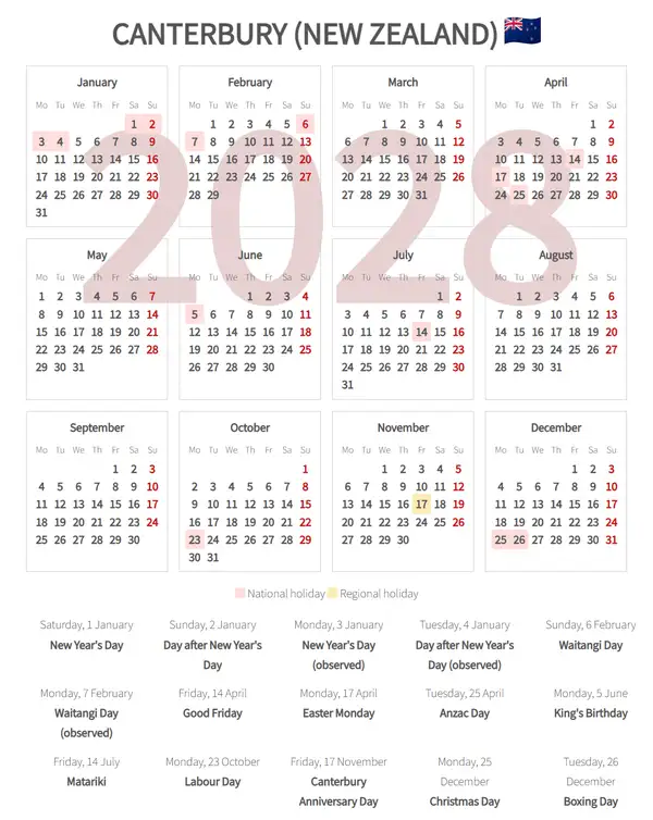Work Calendar 2028, Canterbury (New zealand)