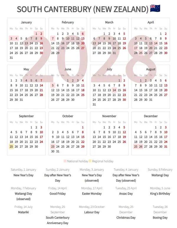 Work Calendar 2028, South canterbury (New zealand)