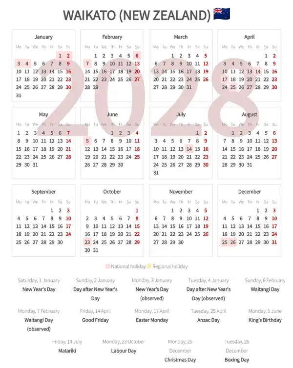 Work Calendar 2028, Waikato (New zealand)