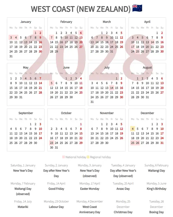 Work Calendar 2028, West coast (New zealand)