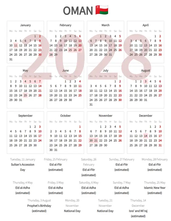 Work Calendar 2028, Oman - Public Holidays