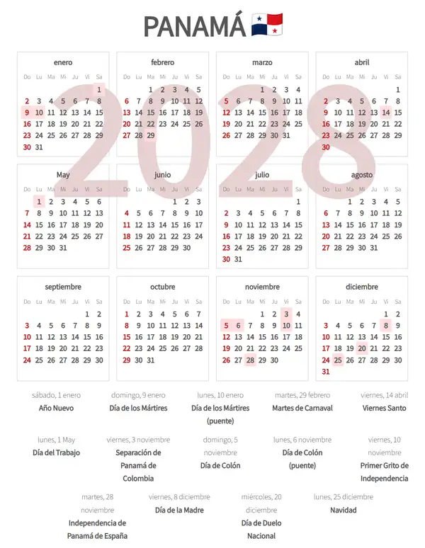 Calendario Laboral 2028 de Panamá