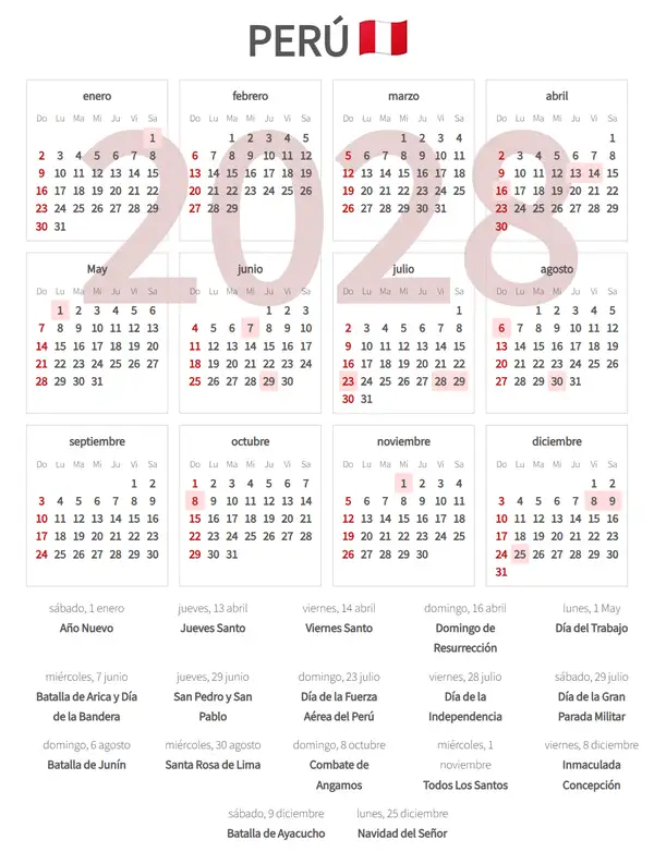 Calendario Laboral 2028 de Perú