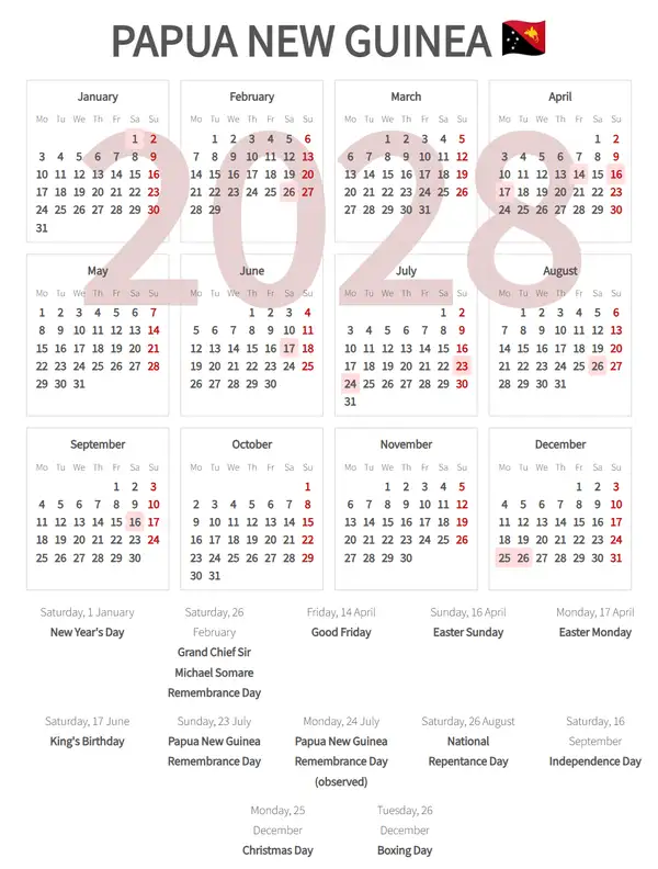 Work Calendar 2028, Papua new guinea - Public Holidays