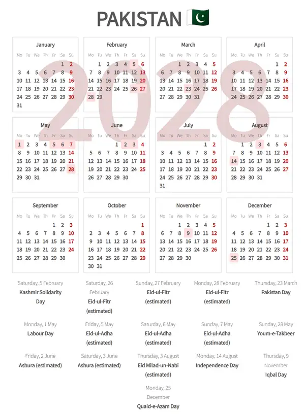 Work Calendar 2028, Pakistan - Public Holidays