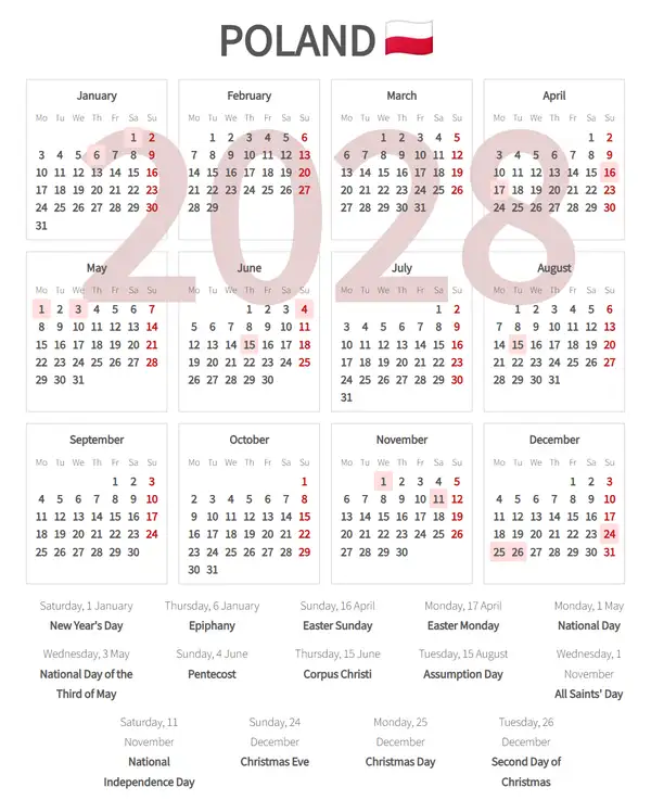 Work Calendar 2028, Poland - Public Holidays