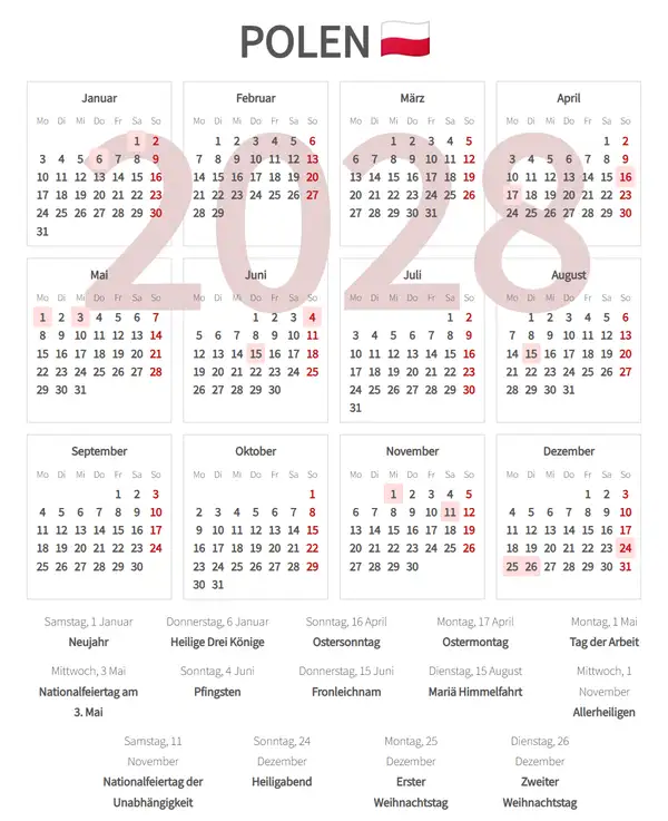 Arbeitskalender 2028 für Polen - Feiertage