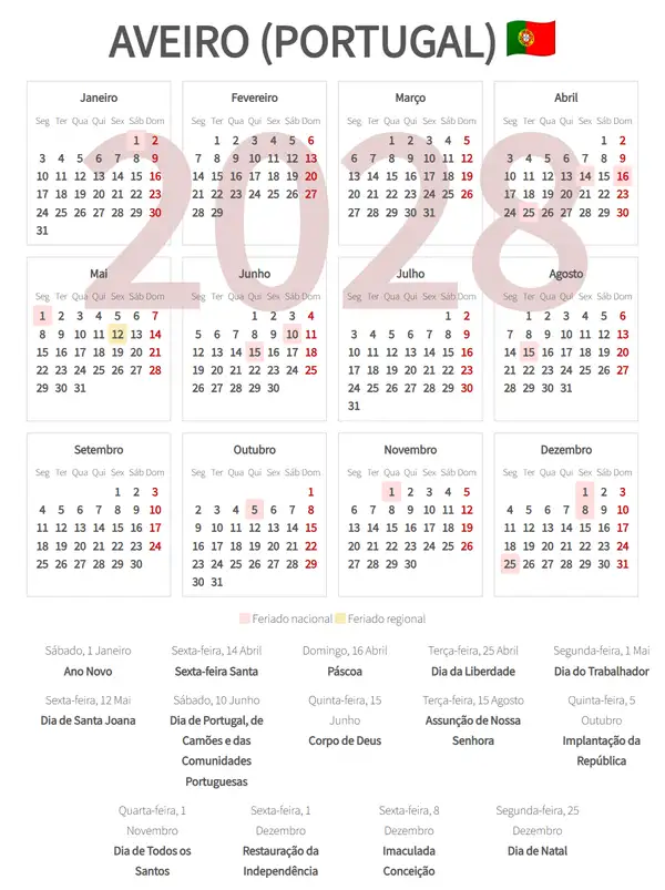 Calendário Laboral 2028, Aveiro (Portugal)