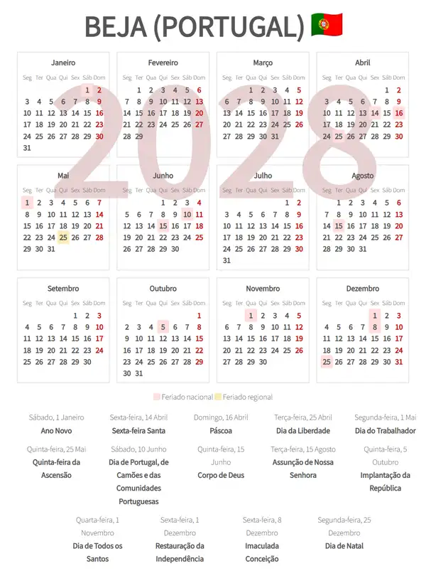 Calendário Laboral 2028, Beja (Portugal)