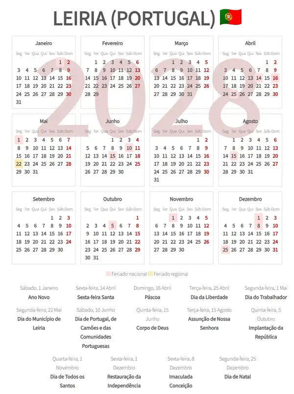 Calendário Laboral 2028, Leiria (Portugal)