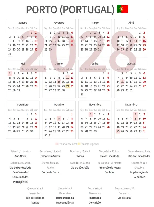 Calendário Laboral 2028, Porto (Portugal)