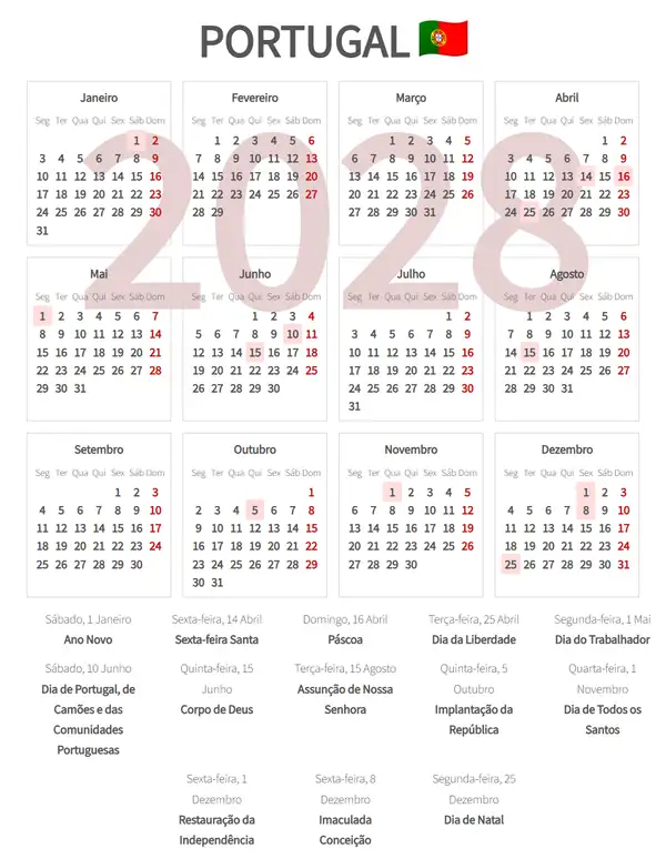 Calendário Laboral 2028 de Portugal